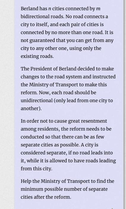 mg; cq. . A country contains n cities that are connected by m bidirectional roads